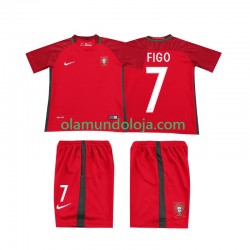 Camisola Portugal FIGO 7 2016 Retro Criança Equipamento Primeiro Manga Curta